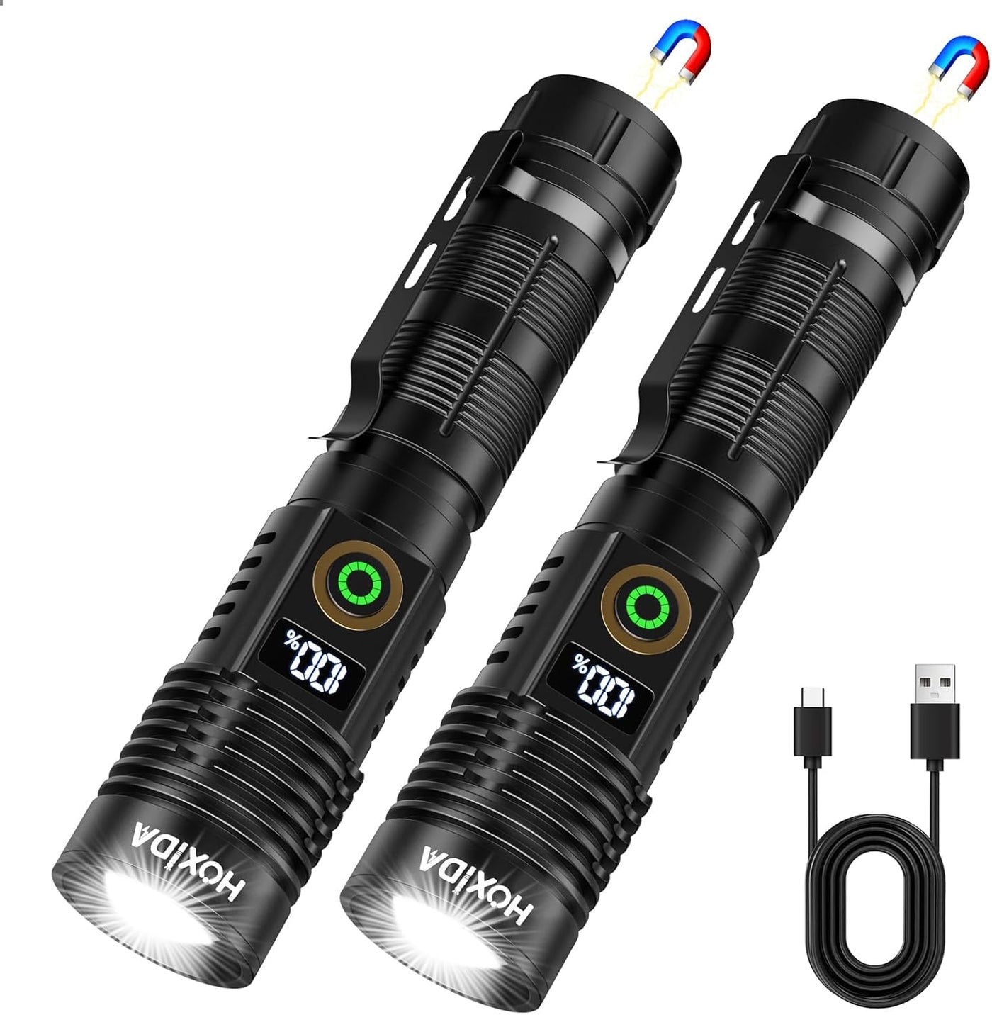 2-Pack Rechargeable LED Flashlights, 2000 Lumens Tactical Flashlight with LCD Display, 6 Modes Zoomable, USB Power Bank, Magnetic Base for Home Emergency Camping