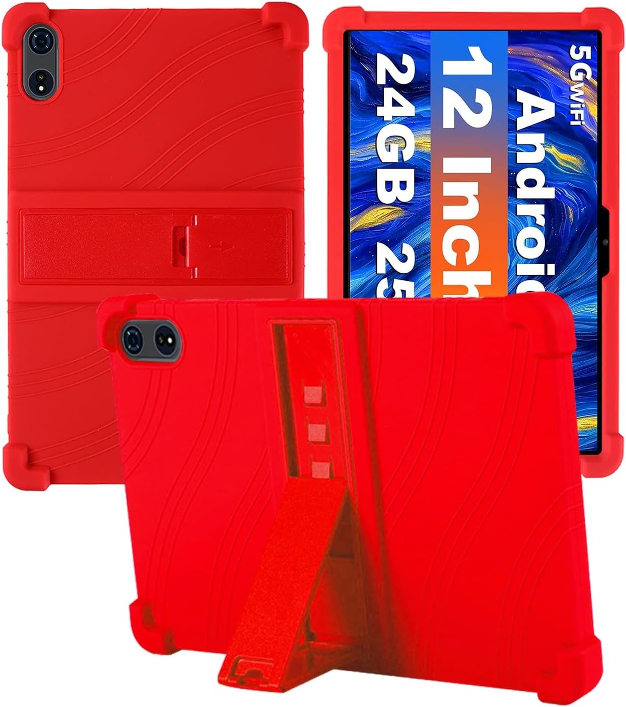 For JJGJ TAB9 QDDQ TAB9 Relndoo TAB9 12 Inch Tablet Case, Soft Silicone Adjustable Stand Shockproof Kids Friendly Cover-Red