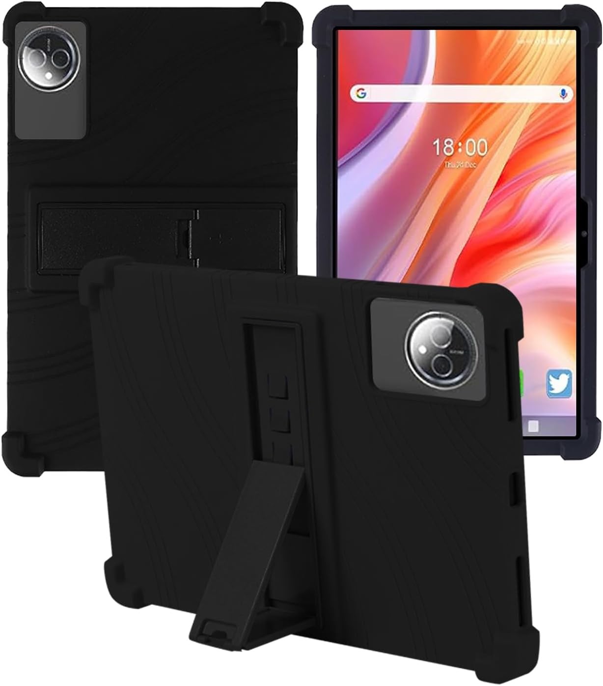 Soft Silicone Case for FEONAL 2025 Tablet 11 Inch, Shockproof Kids Friendly with Adjustable Stand, Black