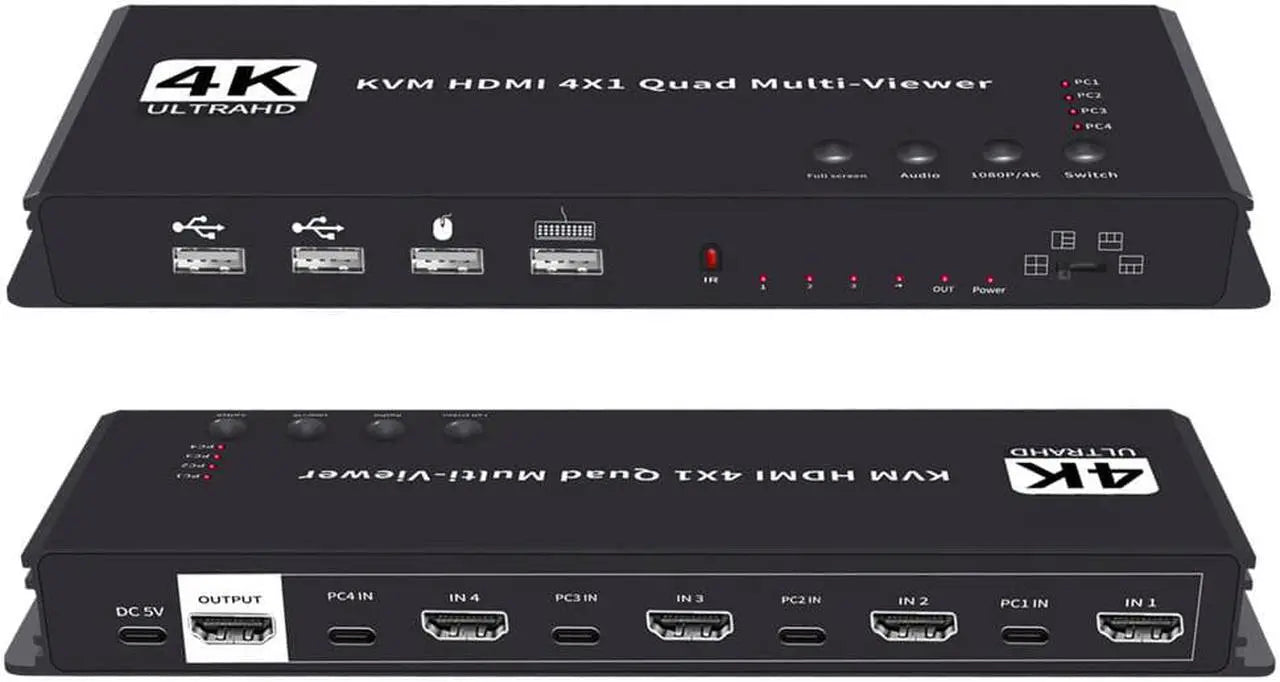 4K Quad Multi-Viewer HDMI KVM Switch 4x1 with IR Remote, Seamless Switching, 4K@30Hz