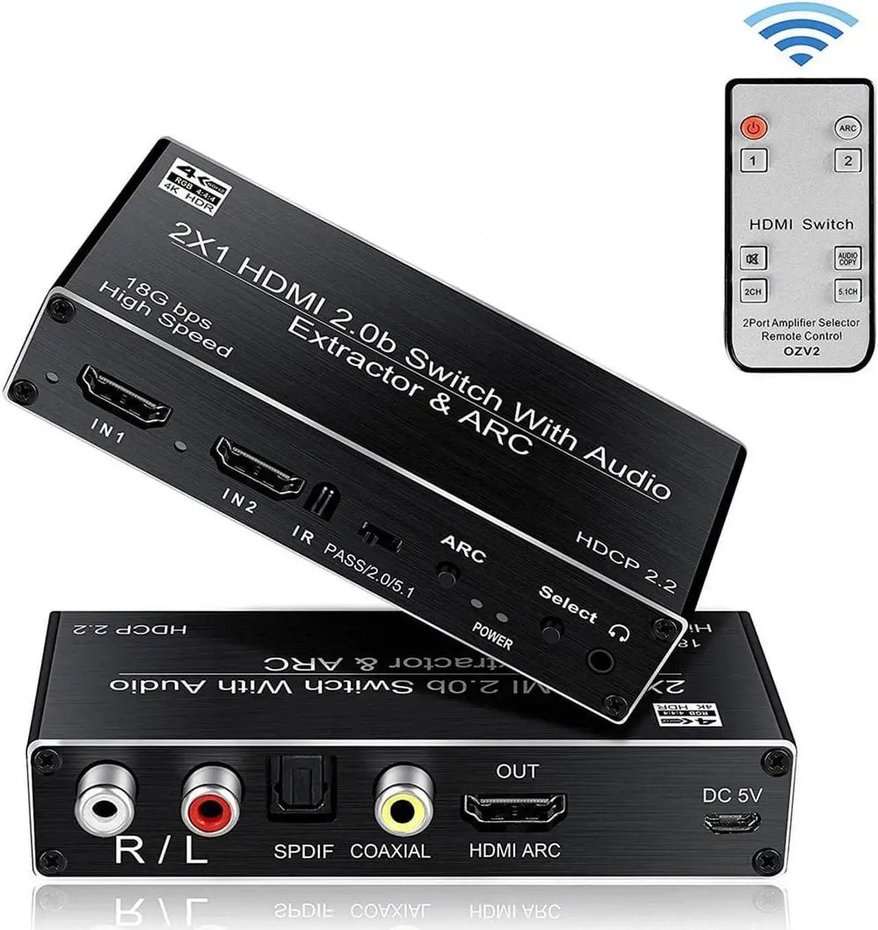 HDMI Switch 2x1 with Audio Extractor, 4K 60Hz, Optical/Coaxial/3.5mm Output
