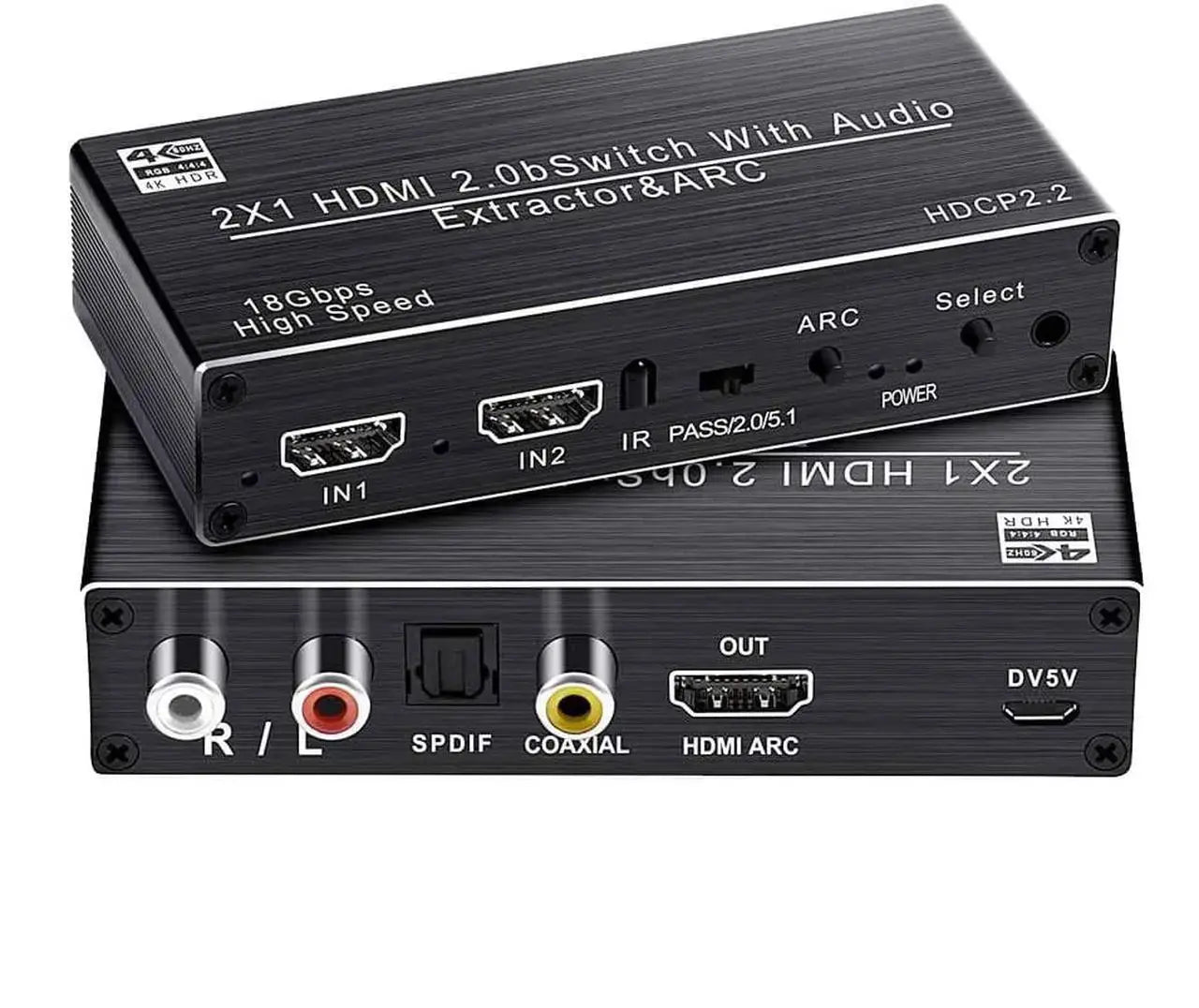 2x1 HDMI Switch with Audio Extractor, 4K@60Hz, SPDIF, 3.5mm & RCA Output, HDCP 2.2, HDR
