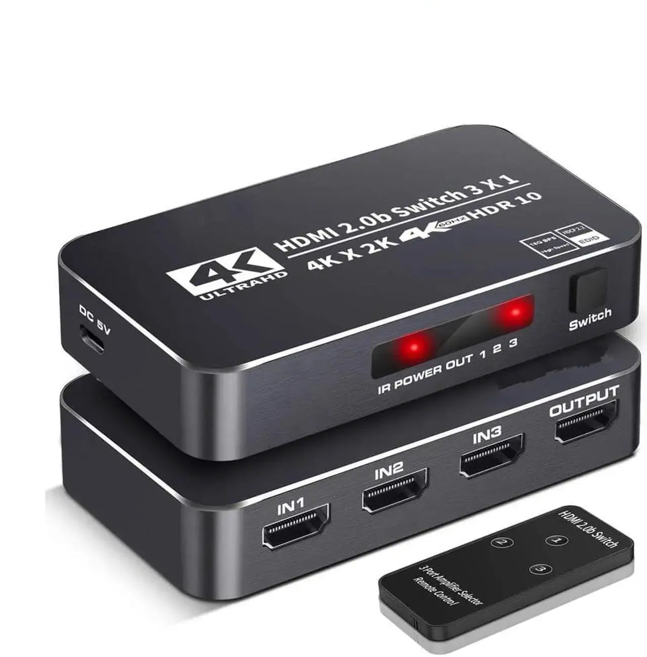 3-Port HDMI Switch 4K@60Hz, 3 in 1 Out Switcher with IR Remote, HDR, HDCP 2.2, 3D Support