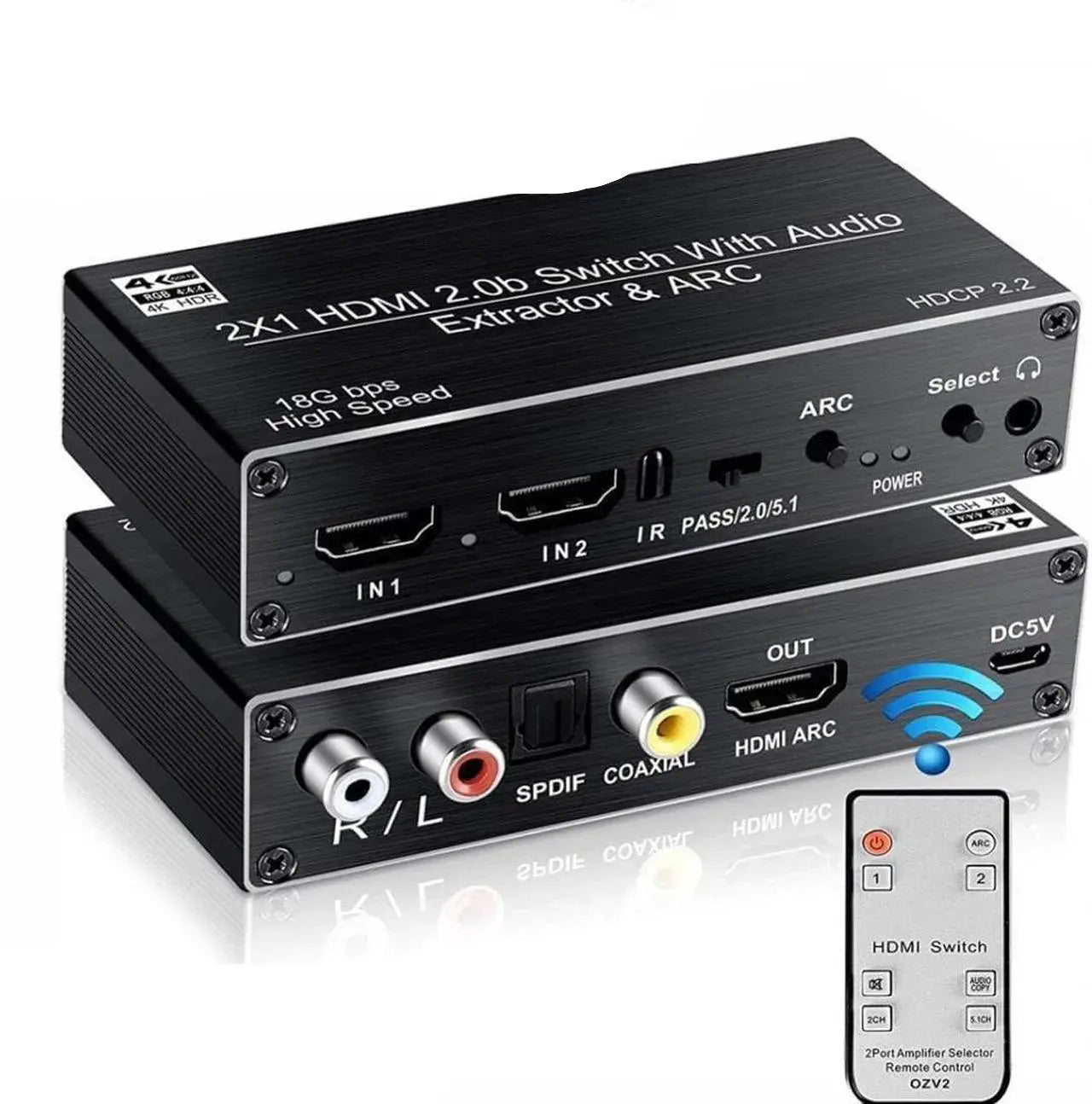 3x2 HDMI Matrix Switch, 4K 60Hz HDR, HDMI 2.0, HDCP 2.2/1.4, Auto Downscaling, IR Remote, SPDIF & 3.5mm Audio