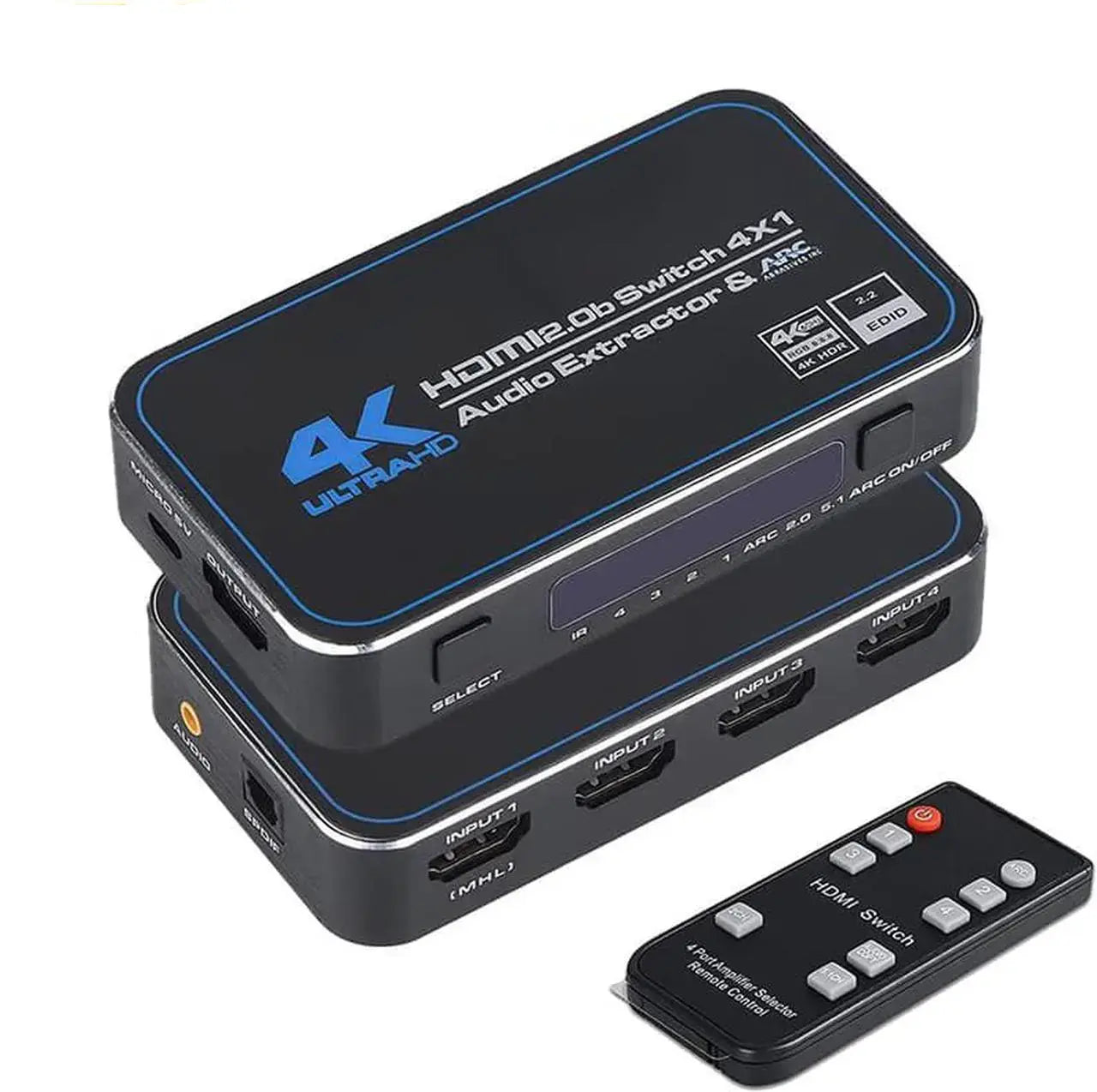 4-Port HDMI Switch with Audio Extractor, 4K 60Hz, 4 in 1 out, HDR10, HDCP 2.2, Includes Remote, Optical and 3.5mm Audio Output