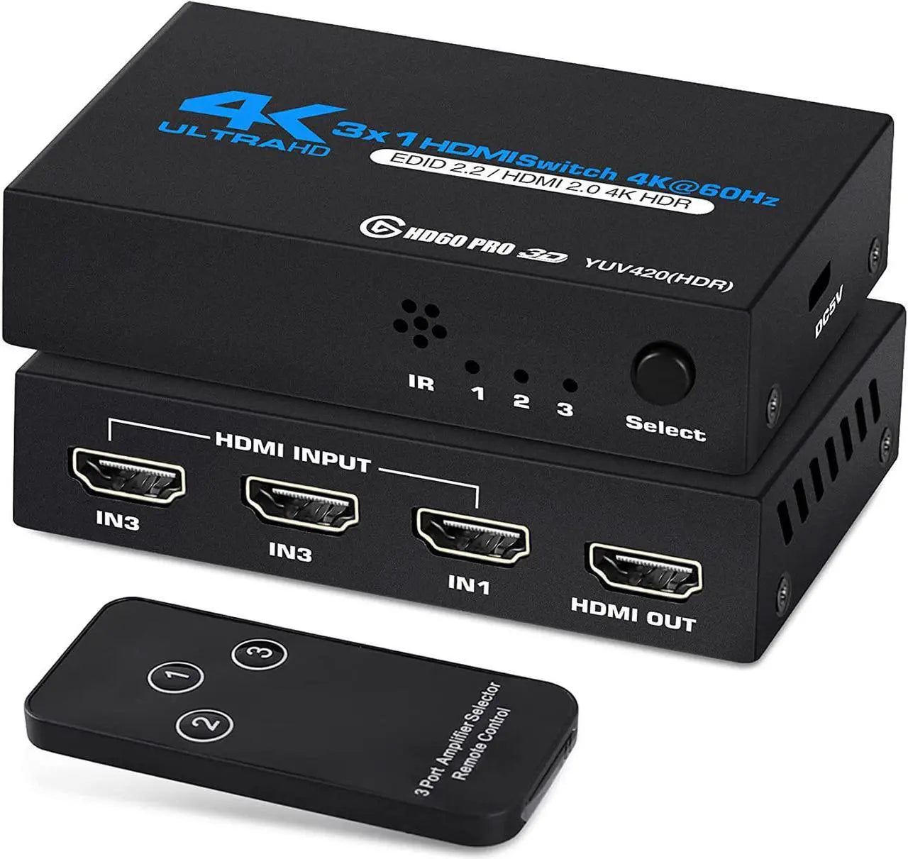 HDMI Switch 3 in 1 Out, 4K 60Hz Selector with IR Remote, HDCP 2.2