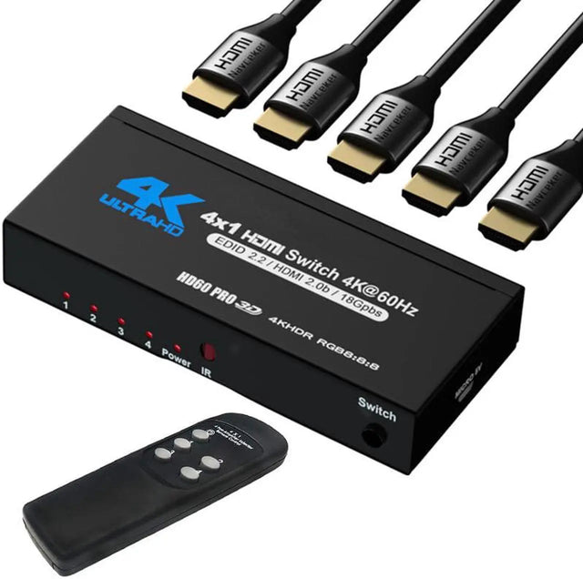 4-Port HDMI 2.0 Switch with IR Remote, Supports 4K@60Hz HDR10, 3D and HDCP 2.2