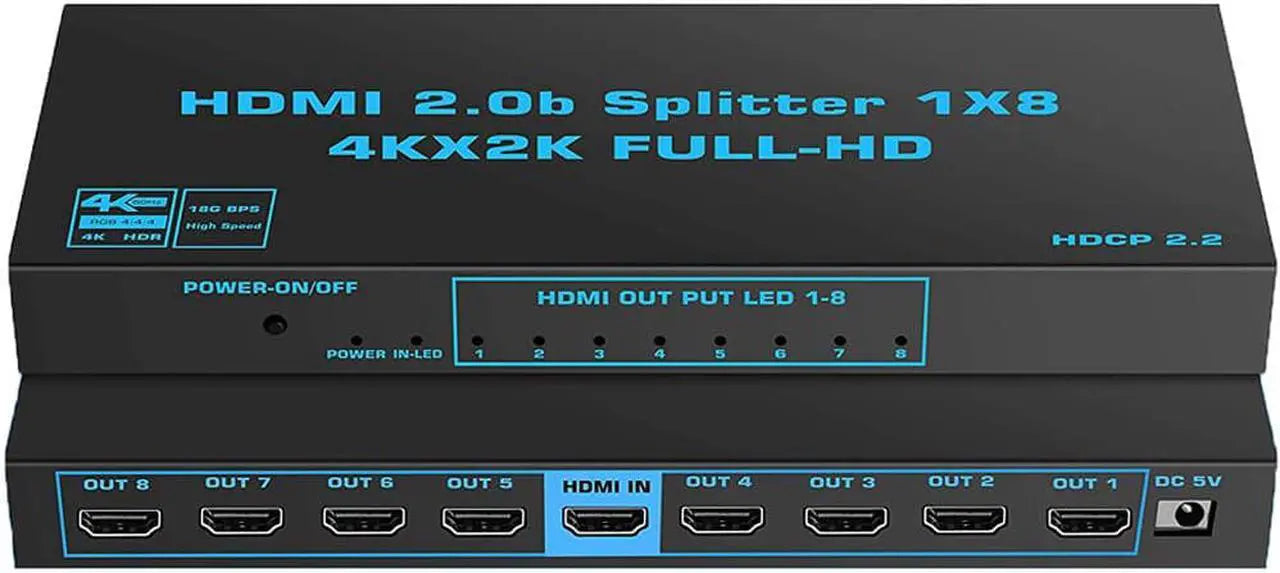 HDMI 2.0b 1x8 Splitter 4K@60Hz, 1 Input to 8 Outputs, HDCP 2.2, RGB 4:4:4, 18.5Gbps, 3D Audio Video Distributor