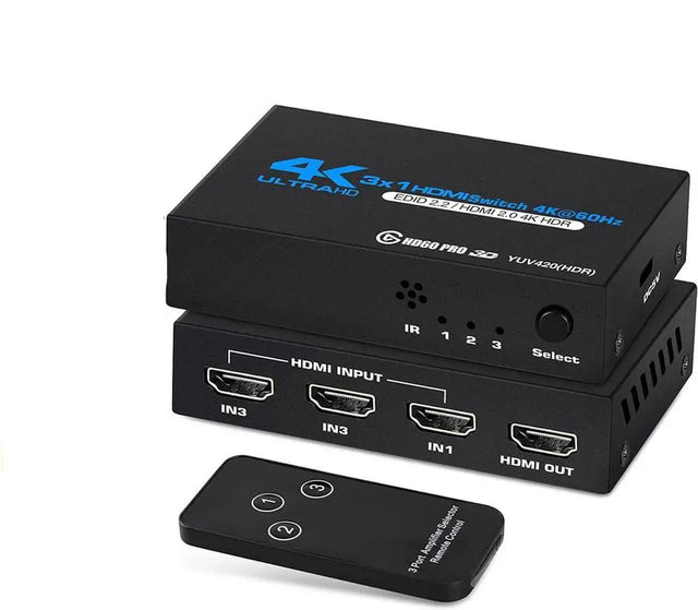 HDMI Switch 3x1 with Remote, 3-Port Powered HDMI Selector, 4K@60Hz 3D Full HD
