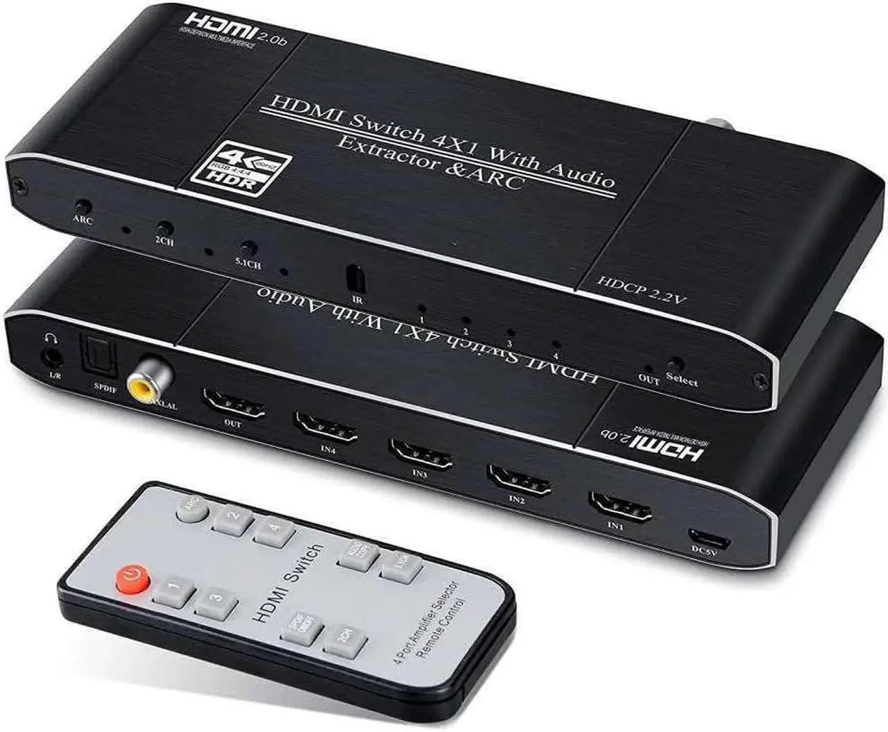 4x2 HDMI 2.0b Switch Splitter or Extractor, 4K@60Hz HDR HDCP 2.2, Toslink SPDIF and 3.5mm Audio Output, Remote Control