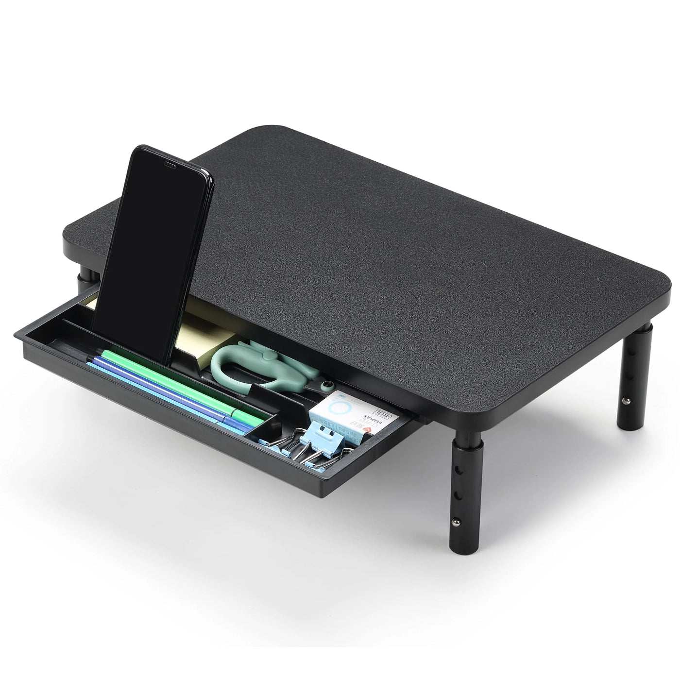 Adjustable Monitor Stand with Drawer, Black Desk Riser, 3 Height Levels, Tool-Free Assembly, Fits Most Monitors