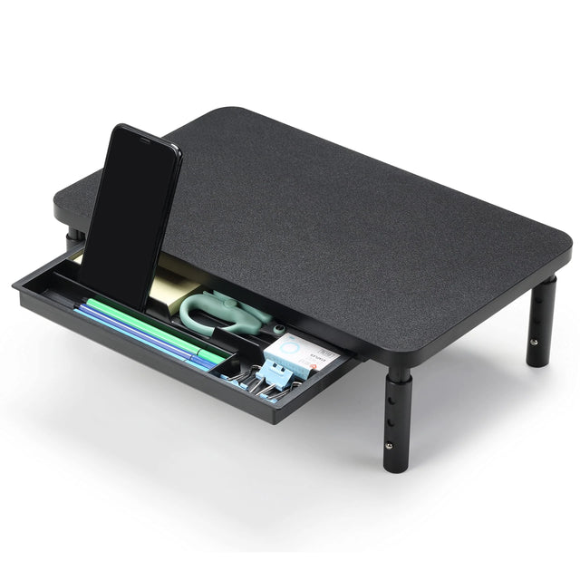 Adjustable Monitor Stand with Drawer, Black Desk Riser, 3 Height Levels, Tool-Free Assembly, Fits Most Monitors