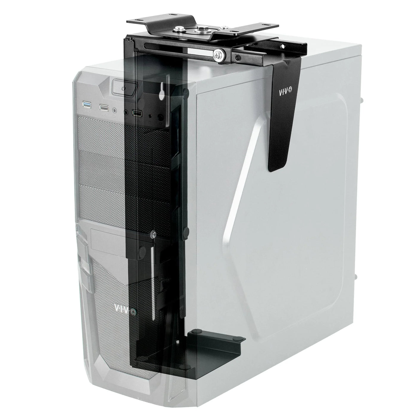 Adjustable Under Desk & Wall Mount PC Case Holder, 135° Swivel, Fits 8.9-19.8cm Width, 29.2-52.1cm Height, Black Metal, Supports 10kg