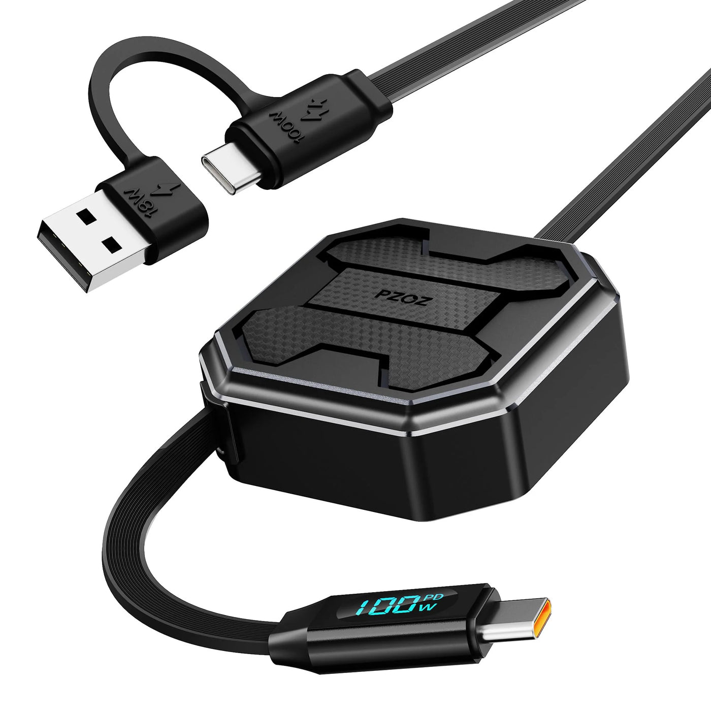 2-in-1 Retractable 3m USB-C Cable with 100W Fast Charging, LED Display, Adjustable Length for USB-C and USB-A Devices