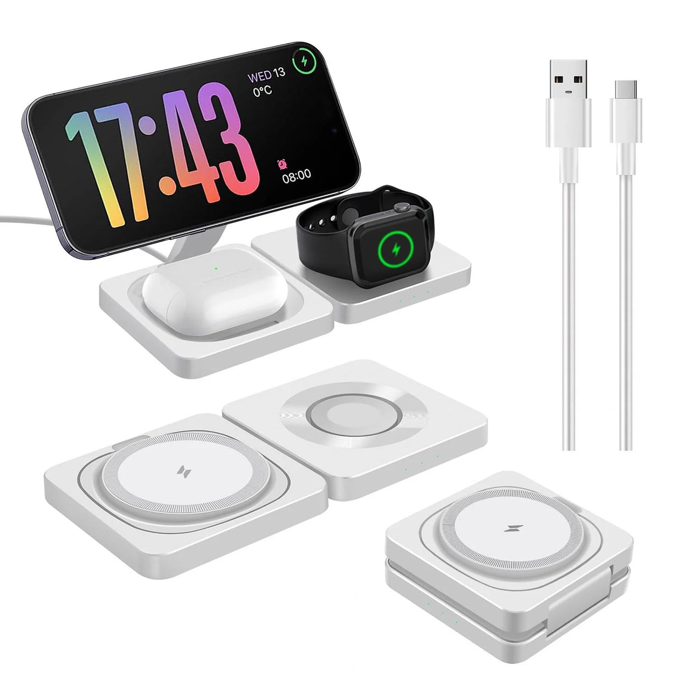 3-in-1 Wireless Charging Station Foldable Portable Travel Charger for iPhone Apple Watch AirPods White