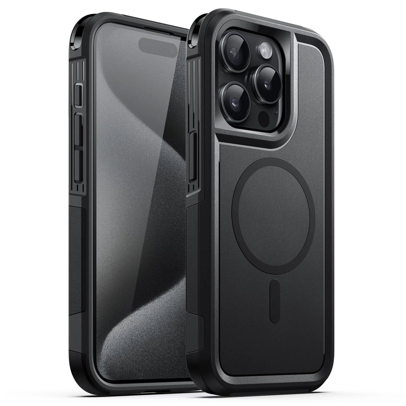 Heavy Duty Rugged Case for iPhone 15 Pro Max 6.7", Black Dual Layer Protective Cover with MagSafe