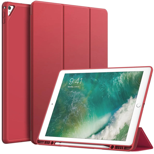 Red Slim Case for iPad Pro 12.9" 1st/2nd Gen (2015/2017) with Pencil Holder, TPU Back, Magnetic Smart Cover