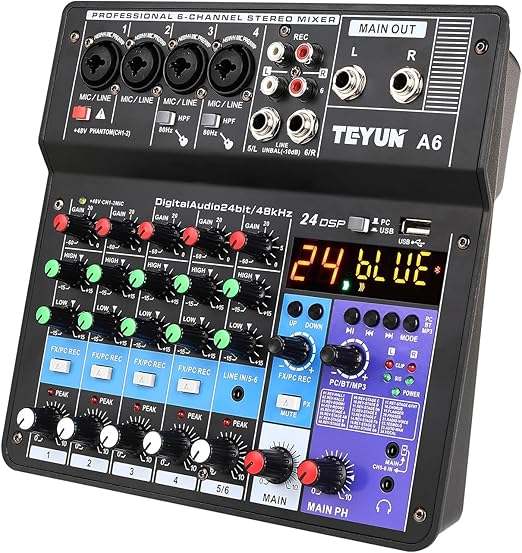 Professional 6-Channel Wireless Sound Mixing Console, 48V Portable A6 Mixer, Black, 22x21x6cm