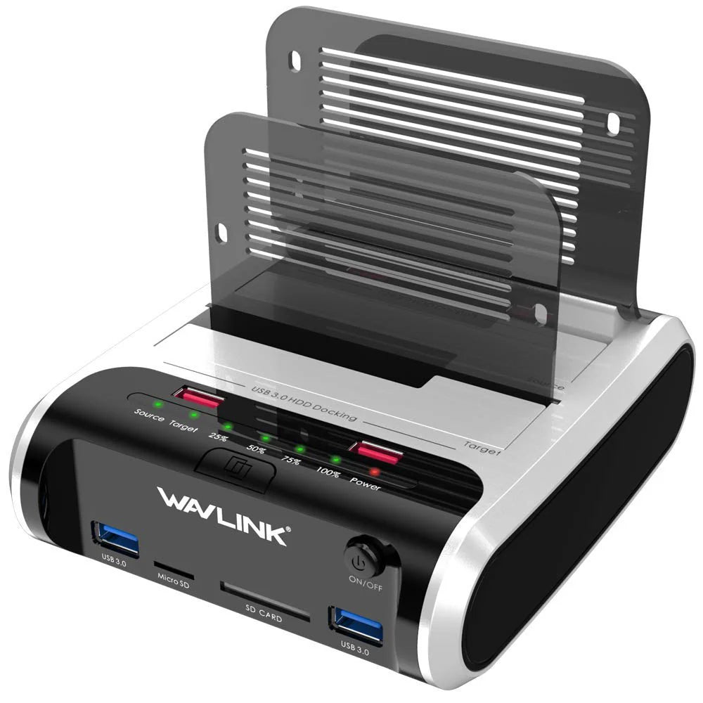 USB 3.0 Dual Bay External Hard Drive Docking Station for 2.5/3.5 inch SATA HDD/SSD, 8-in-1 with SD/TF Card Reader and USB Hub