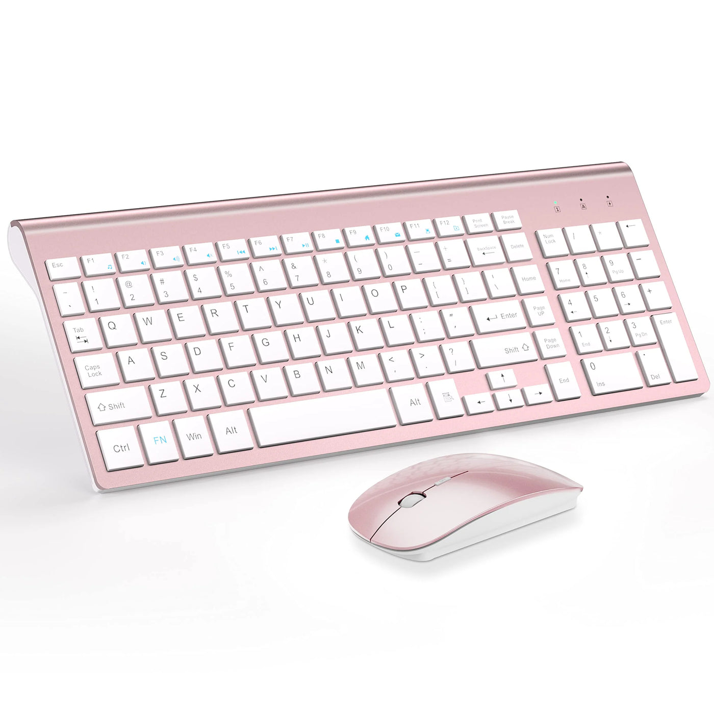 Ultra Slim Wireless Keyboard and Mouse Set, Rose Gold & White, 2.4G Silent Full Size Keyboard with 12 Function Keys, 5 DPI Adjustable Mouse