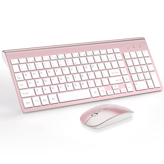 Ultra Slim Wireless Keyboard and Mouse Set, Rose Gold & White, 2.4G Silent Full Size Keyboard with 12 Function Keys, 5 DPI Adjustable Mouse
