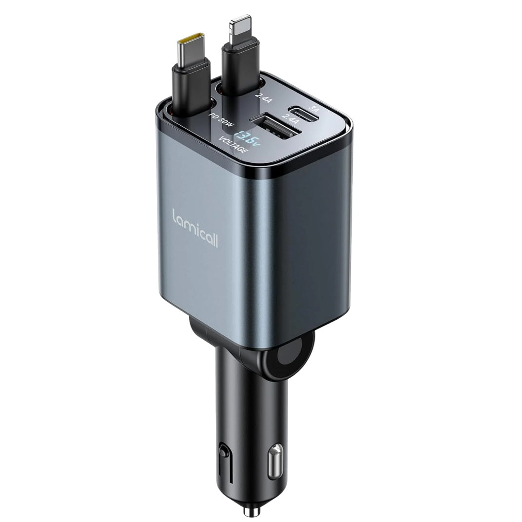 69W 4-in-1 Retractable USB-C Car Charger with PD 3.0 Fast Charging, Dual USB-A & USB-C Ports, Grey