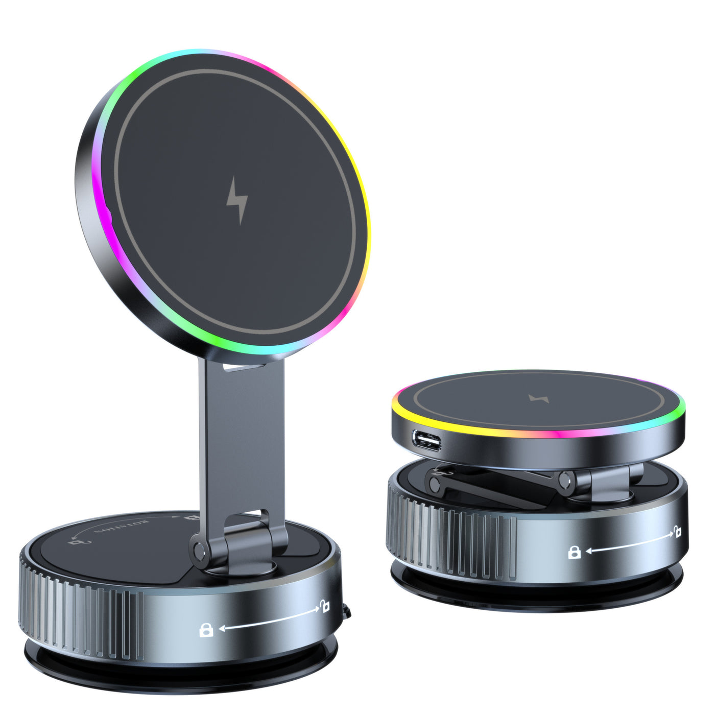 360 Degree Rotating Wireless Magnetic Car Charger with RGB Lighting 15W Fast Charging Suction Cup Mount Black