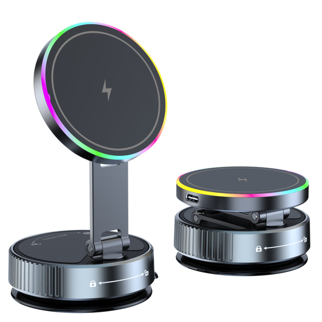 360 Degree Rotating Wireless Magnetic Car Charger with RGB Lighting 15W Fast Charging Suction Cup Mount Black