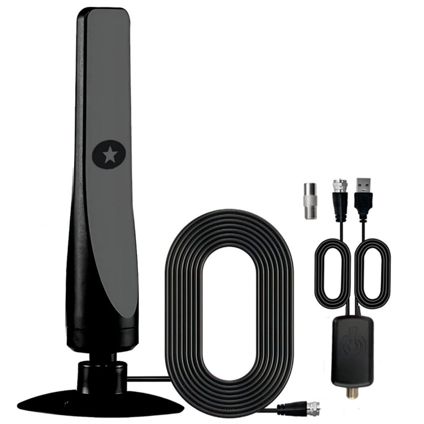 Portable Black Smart TV Antenna with HD Digital Signal Booster - Plug & Play, Supports 4K/8K, Indoor Outdoor Use