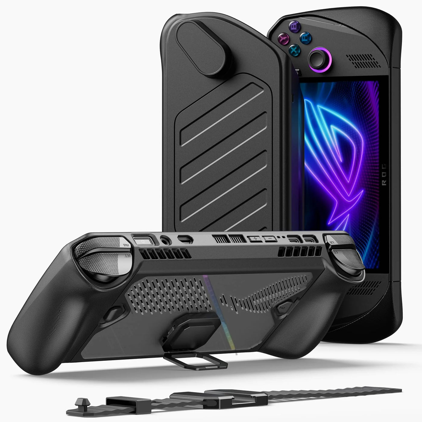 All-in-One Protective Case for ROG Ally X, Detachable Metal Front Shell, Built-in Stand & SD Card Storage, PC-ABS Silicone, Black