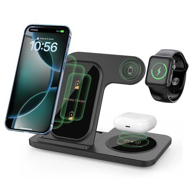 Foldable 3-in-1 Wireless Charging Station 15W Fast Charger for iPhone, AirPods, Apple Watch - Black