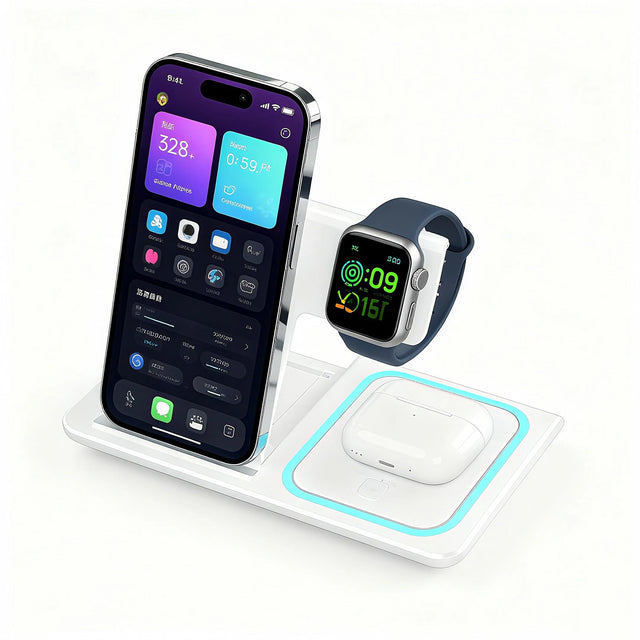 15W Fast Wireless Charging Station, 3-in-1 Magnetic Charger for iPhone Samsung Galaxy, Apple Watch, AirPods, Foldable Travel Pad White