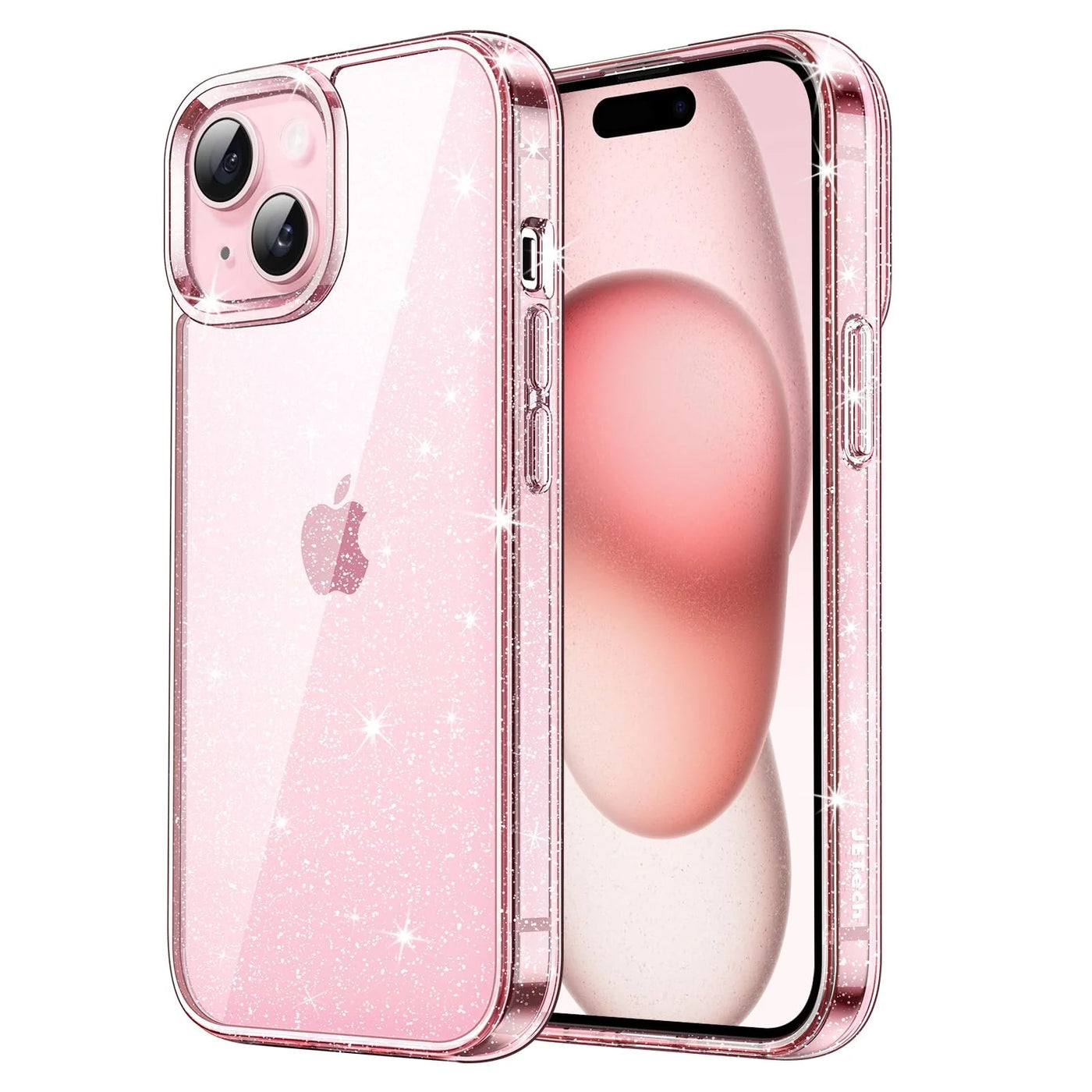 Pink Glitter Case for iPhone 15 6.1-Inch, Transparent Shockproof Bumper Cover with Sparkle, Slim Fit for Women