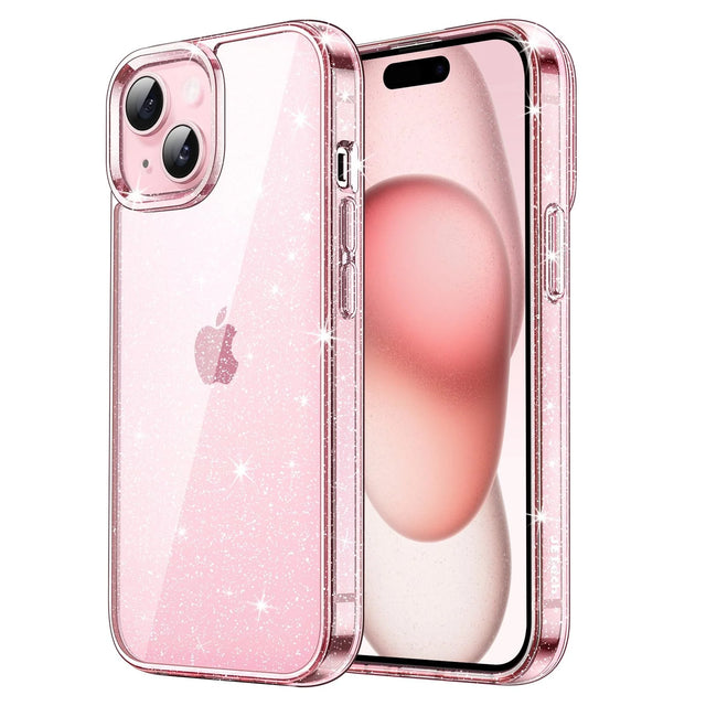 Pink Glitter Case for iPhone 15 6.1-Inch, Transparent Shockproof Bumper Cover with Sparkle, Slim Fit for Women