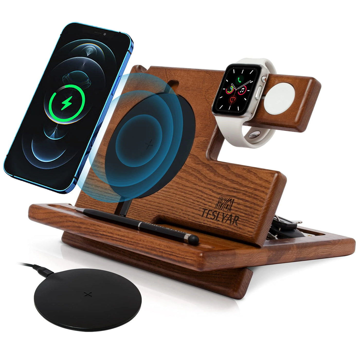 2 in 1 Wireless Charging Station with Wooden Organizer Stand - Brown Ash Wood Dock for iPhone, Samsung Galaxy, Qi Enabled Devices