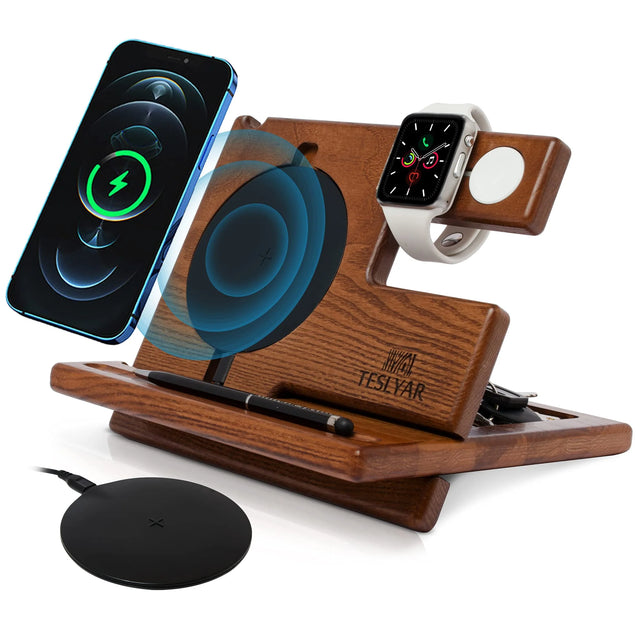 2 in 1 Wireless Charging Station with Wooden Organizer Stand - Brown Ash Wood Dock for iPhone, Samsung Galaxy, Qi Enabled Devices