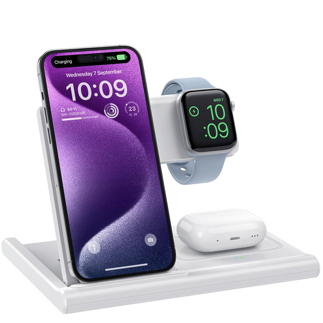 White 3-in-1 Wireless Charging Station for iPhone, AirPods, Apple Watch - Fast Foldable Charger with Magnetic Charging (18W) - HYS03