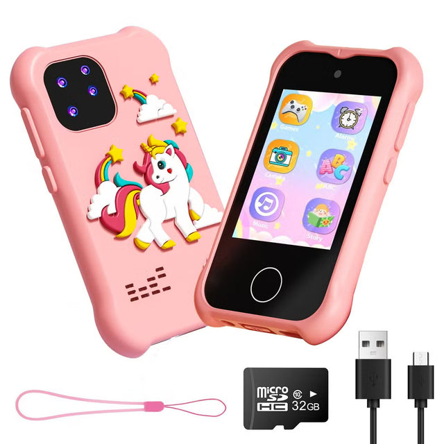 Kids Unicorn Toy Smartphone, 2.8 Inch HD Touch Screen Mini Cartoon Digital Phone with Cross Mirror Design