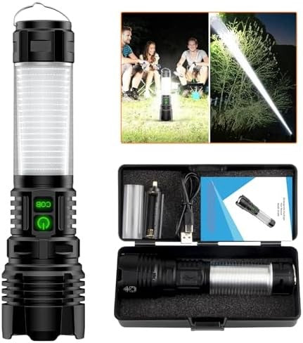 2-in-1 Rechargeable LED Flashlight and Lantern, 2000 Lumens Zoomable Waterproof Tactical Flashlight with 5 Modes, Long Range for Camping and Emergency-Black