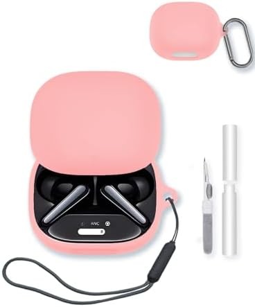 Silicone Case for Soundcore Liberty 4 Pro Wireless Earbuds, Soft Protective Cover with Keychain, Cleaning Kit & Lanyard - Pink