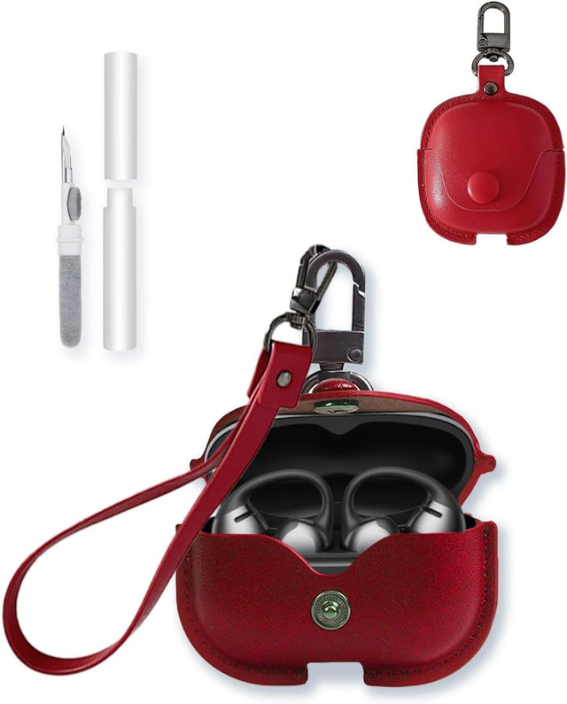 PU Leather Case for SHOKZ OpenDots ONE Earbuds, Retro Soft Protective Cover with Cleaning Kit and Lanyard, Black/Red