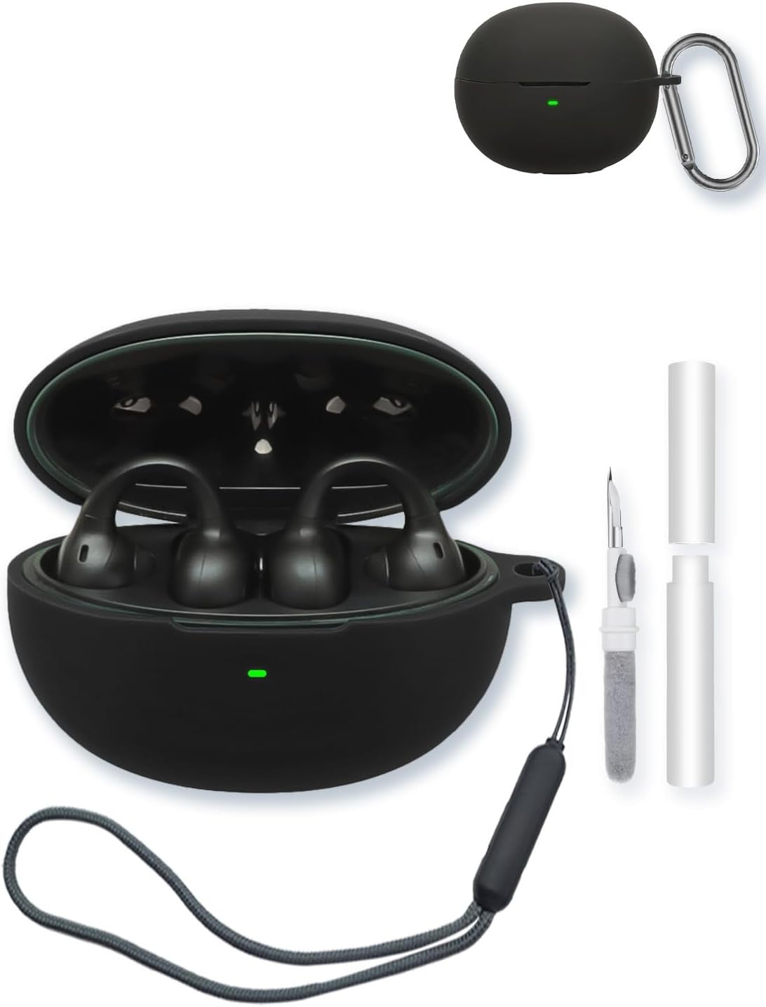 Silicone Case for Baseus Inspire XC1 Open Ear Clip-On Earbuds, Soft Protective Cover with Keychain, Cleaning Kit & Lanyard - Black