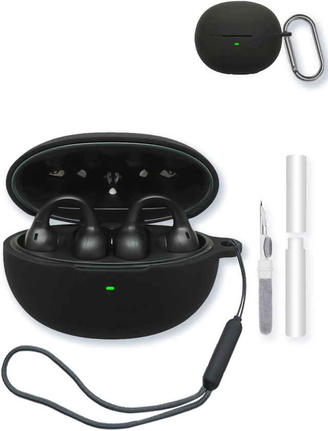 Silicone Case for Baseus Inspire XC1 Open Ear Clip-On Earbuds, Soft Protective Cover with Keychain, Cleaning Kit & Lanyard - Black