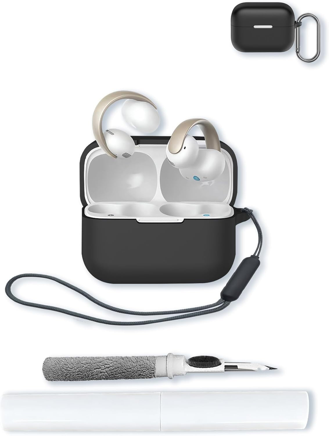 Silicone Case for Anker Soundcore AeroClip Open-Ear Earbuds, Shockproof Protective Cover with Keychain, Cleaning Kit and Lanyard - Black