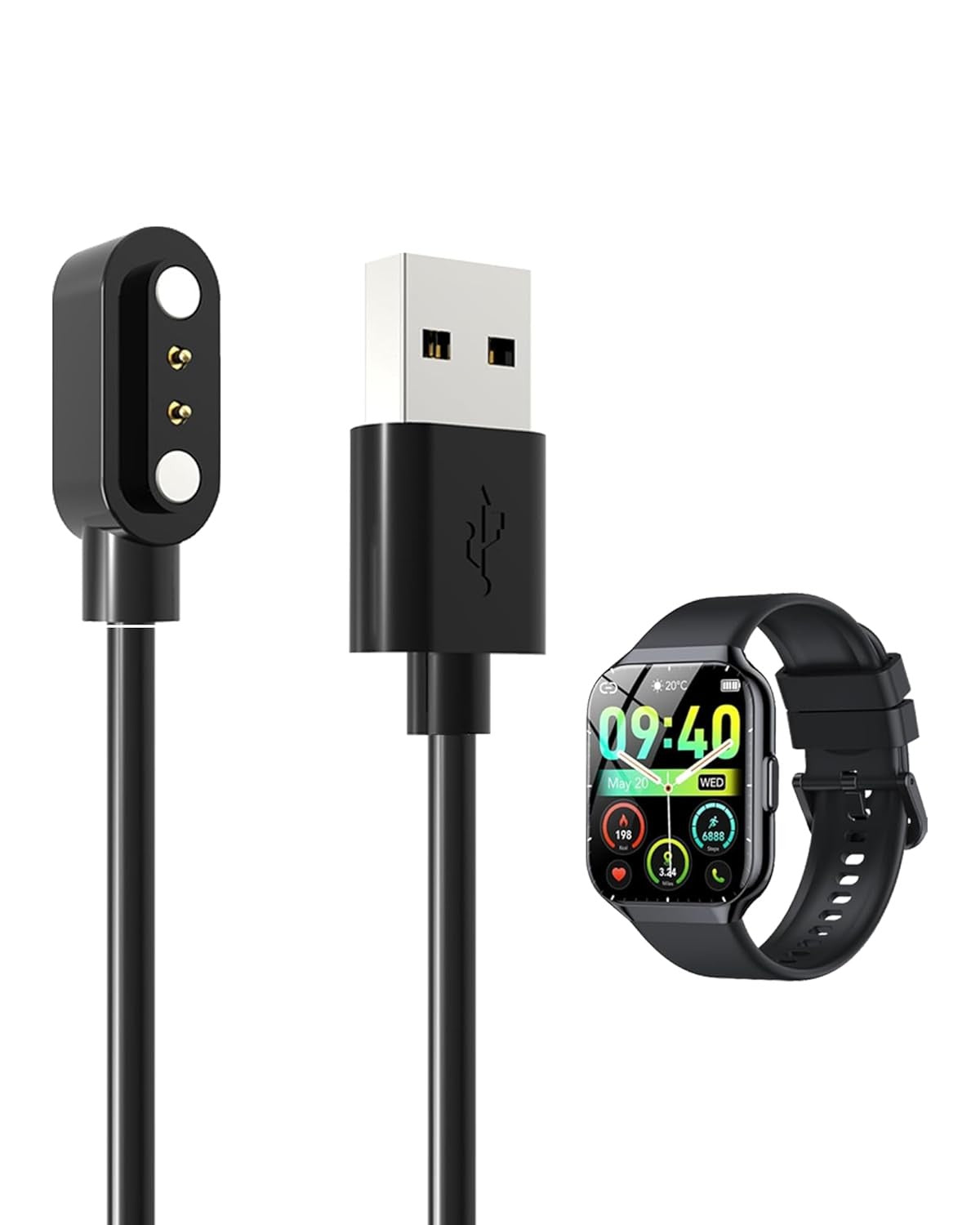 2 Pack Magnetic USB Charging Cable for CASCHO P98 Smart Watch, Replacement Charger with Magnetic Connector, Black