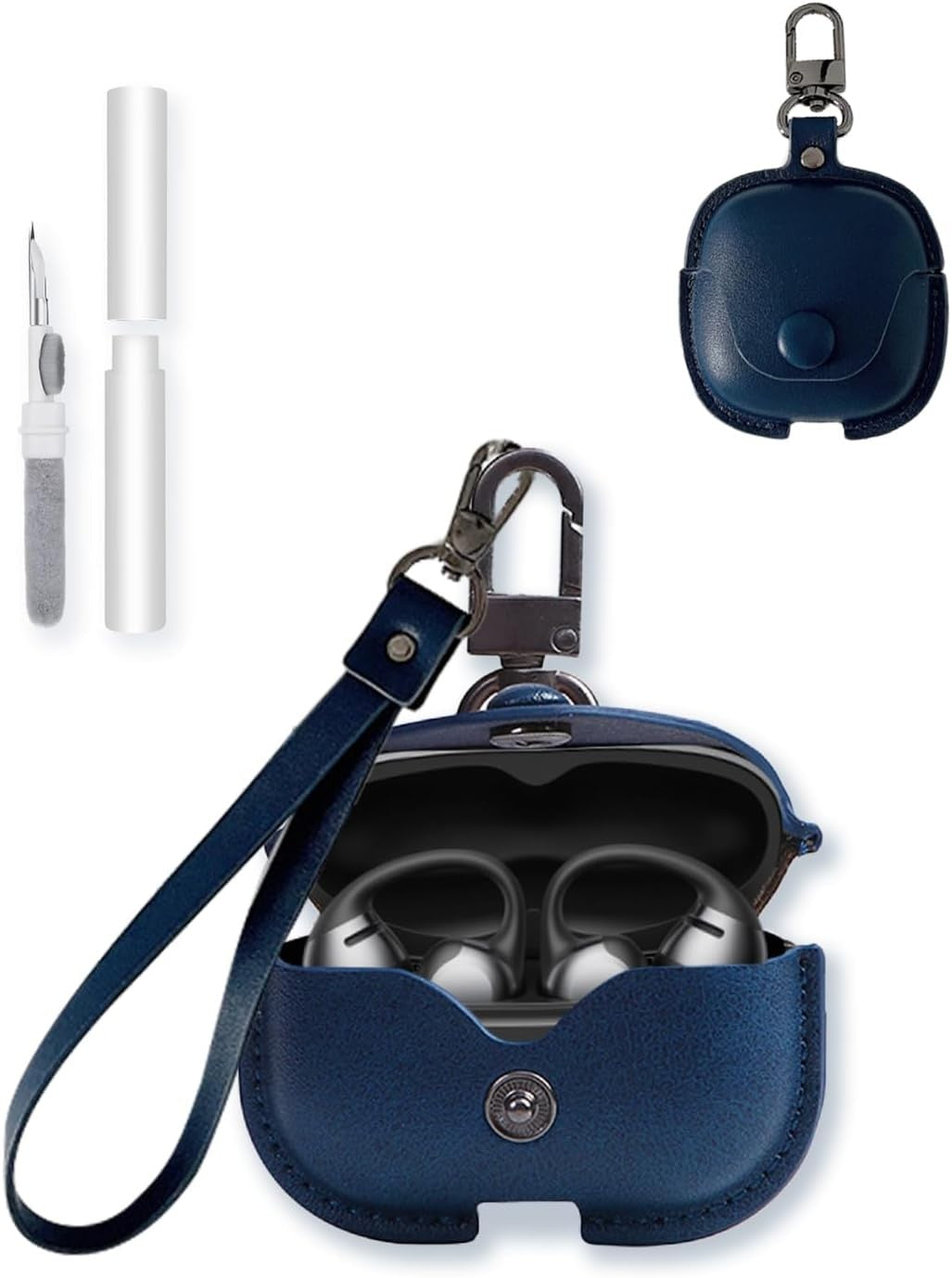 BOVUGAC PU Leather Case for SHOKZ OpenDots ONE Earbuds - Stylish Retro Soft Protective Cover with Cleaning Kit and Lanyard Blue