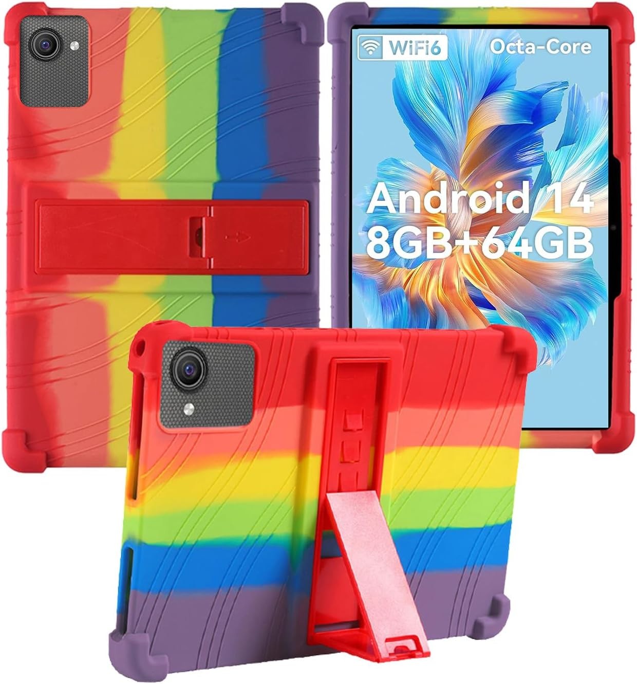 Soft Silicone Case for ZOFYWNAS C10 10 Inch Tablet 2024, Shockproof Adjustable Stand Cover with Rainbow Pattern