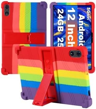 Soft Silicone Case for JJGJ TAB9/QDDQ TAB9/Relndoo TAB9 12-Inch Tablet, Shockproof Adjustable Stand Kid-Friendly Cover (Rainbow)