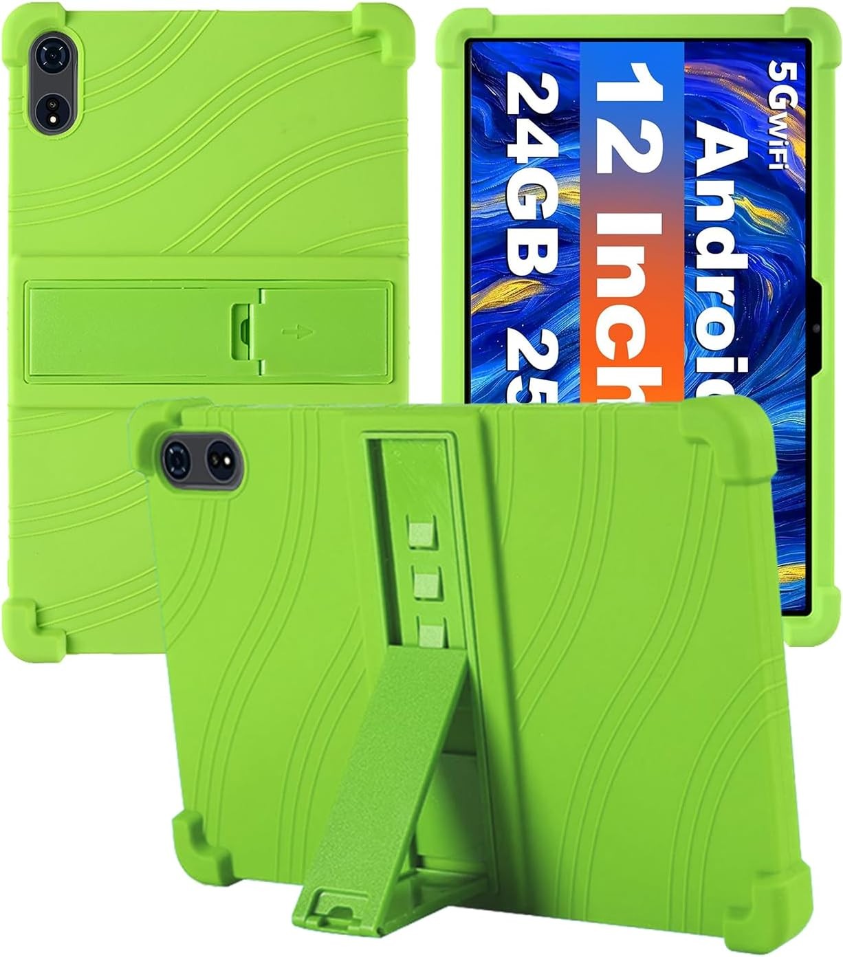 Soft Silicone Case for JJGJ TAB9/QDDQ TAB9/Relndoo TAB9 12 Inch Tablet, Adjustable Stand Shockproof Kids Friendly Cover (Green)