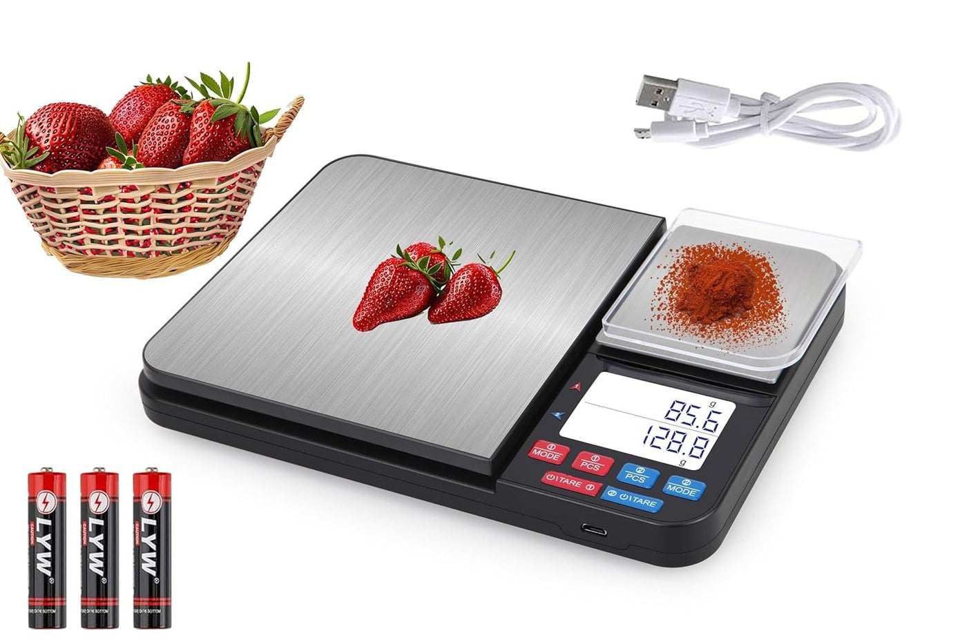 Digital Kitchen Scale 5kg/0.1g, Stainless Steel Platform, LCD Display, Dual Precision